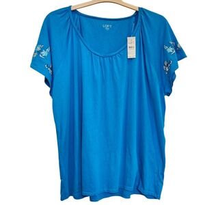 NWT! Loft Outlet Blue Floral Embroidered Short Sleeve T-Shirt XL Boho